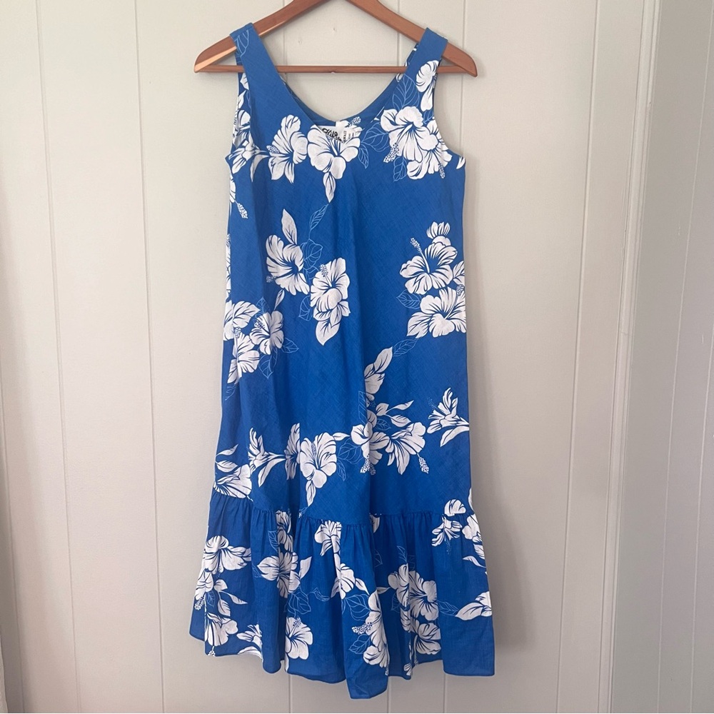 Vintage Hilo Hatties Hawaiian Tropical Resort Wear Blue White Midi Dress Size XS